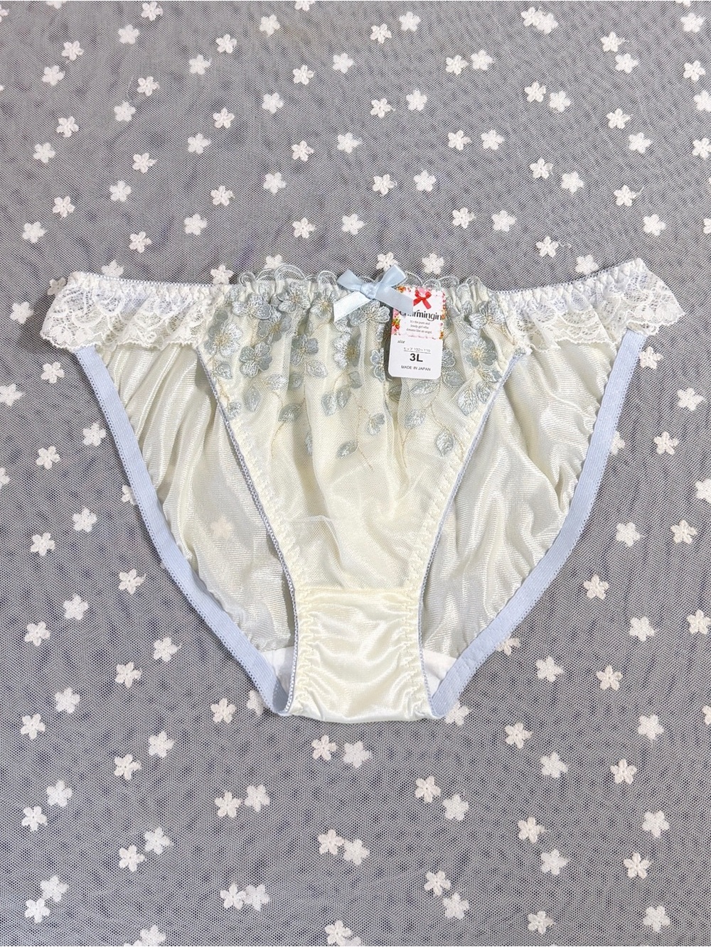 US-L/JP-3L Japanese Embroidery Ruffle String Bikini Glossy Tricot Nylon Panties